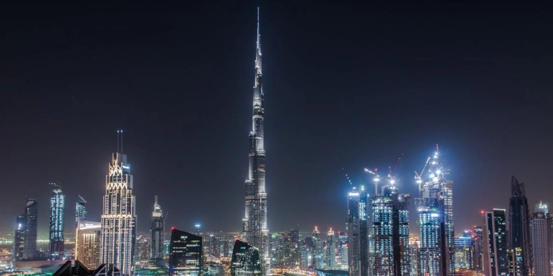 Burj Khalifa in Dubai during sunrise with stunning skyline backdrop