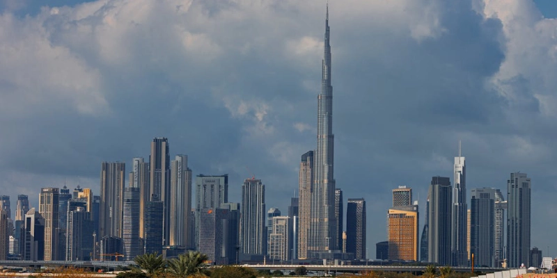 Aerial view of Burj Khalifa and Downtown Dubai with surrounding skyscrapers