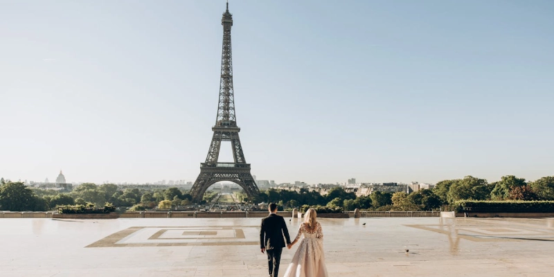 Close-up view of the Eiffel Tower's iron structure