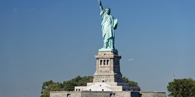 Close-up of the Statue of Liberty’s torch and crown in New York Harbor